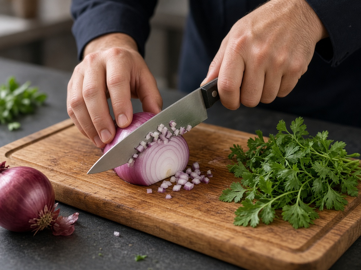 Instructor teaching beginner knife skills on a cutting board