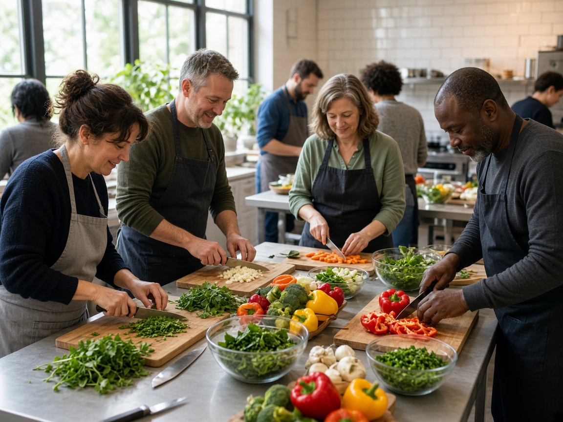 Adults cooking together in a community kitchen class