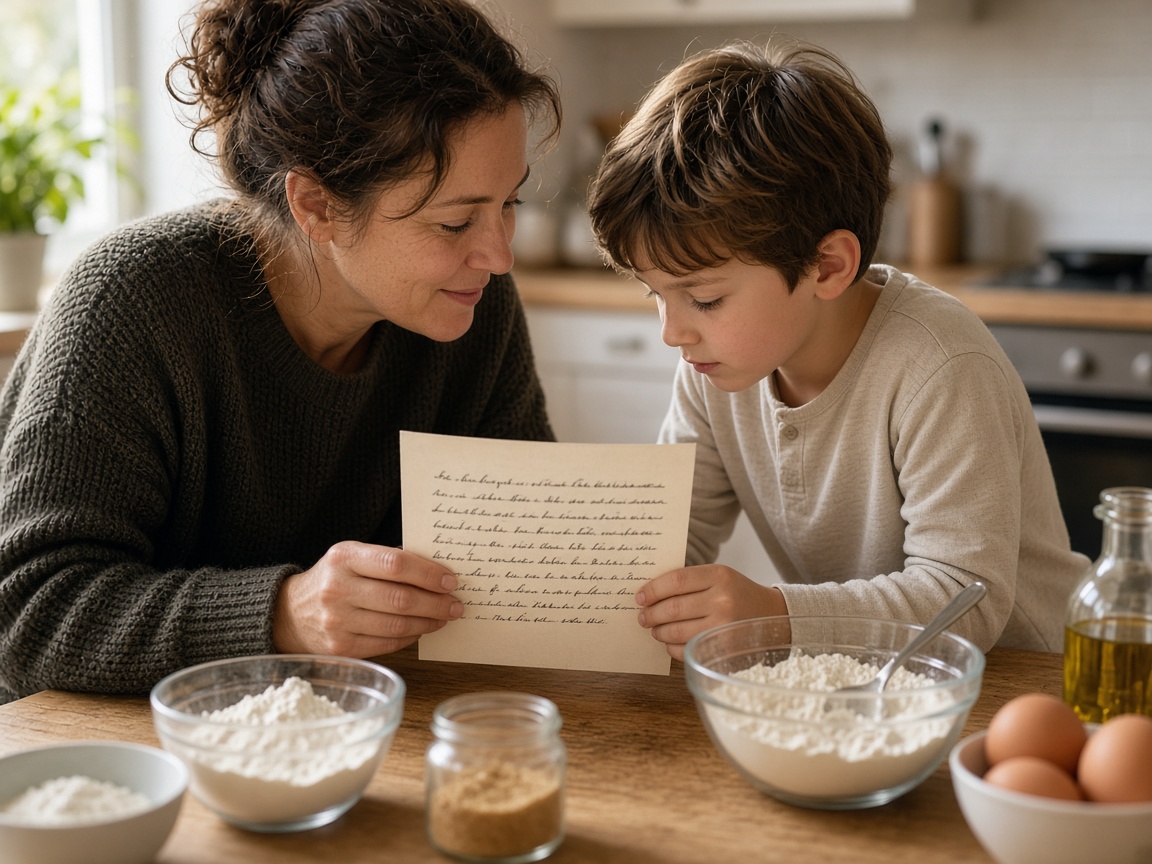 Family reading a recipe card together at a kitchen counter