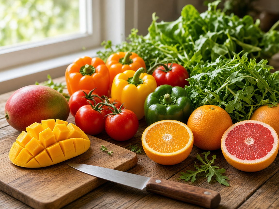 Colorful seasonal vegetables prepared for a cooking lesson
