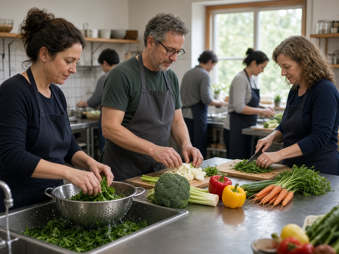 Volunteers preparing food in a nonprofit teaching kitchen