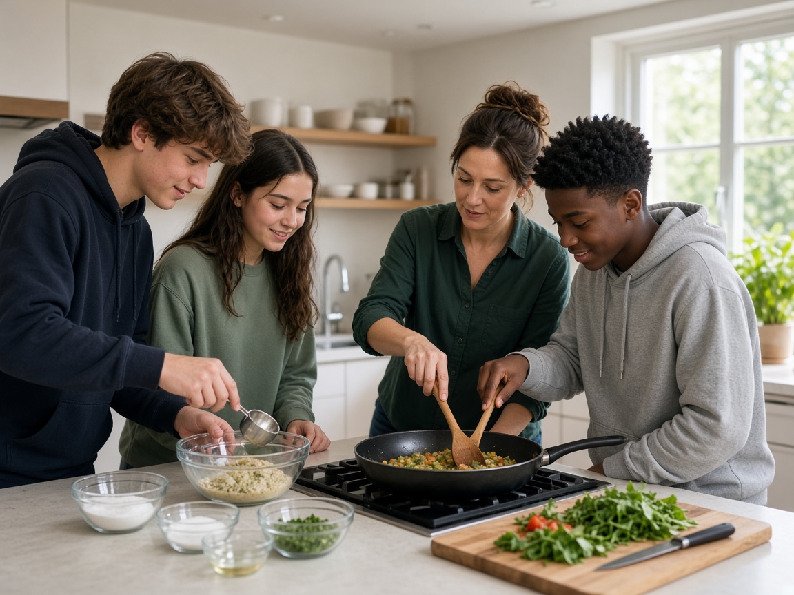 Young people learning to cook with an adult instructor